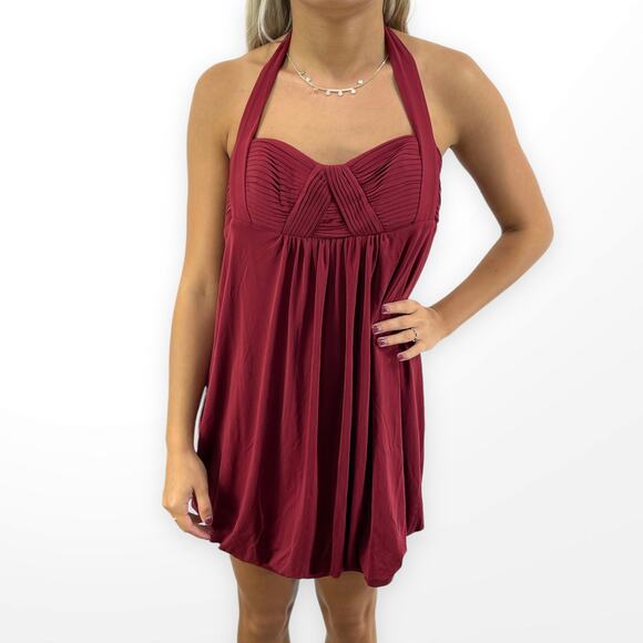 00s BCBGMAXAZRIA Vintage Red Halter Top Sweetheart Neckline Mini Dress - Picture 1 of 6